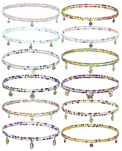 12Pcs Waist Beads for Women Colorful Beaded Body Chain Elastic String Waist Chain Beach Bikini Belly Chains Sexy Body Jewelry for Women Girls 27.5Inch