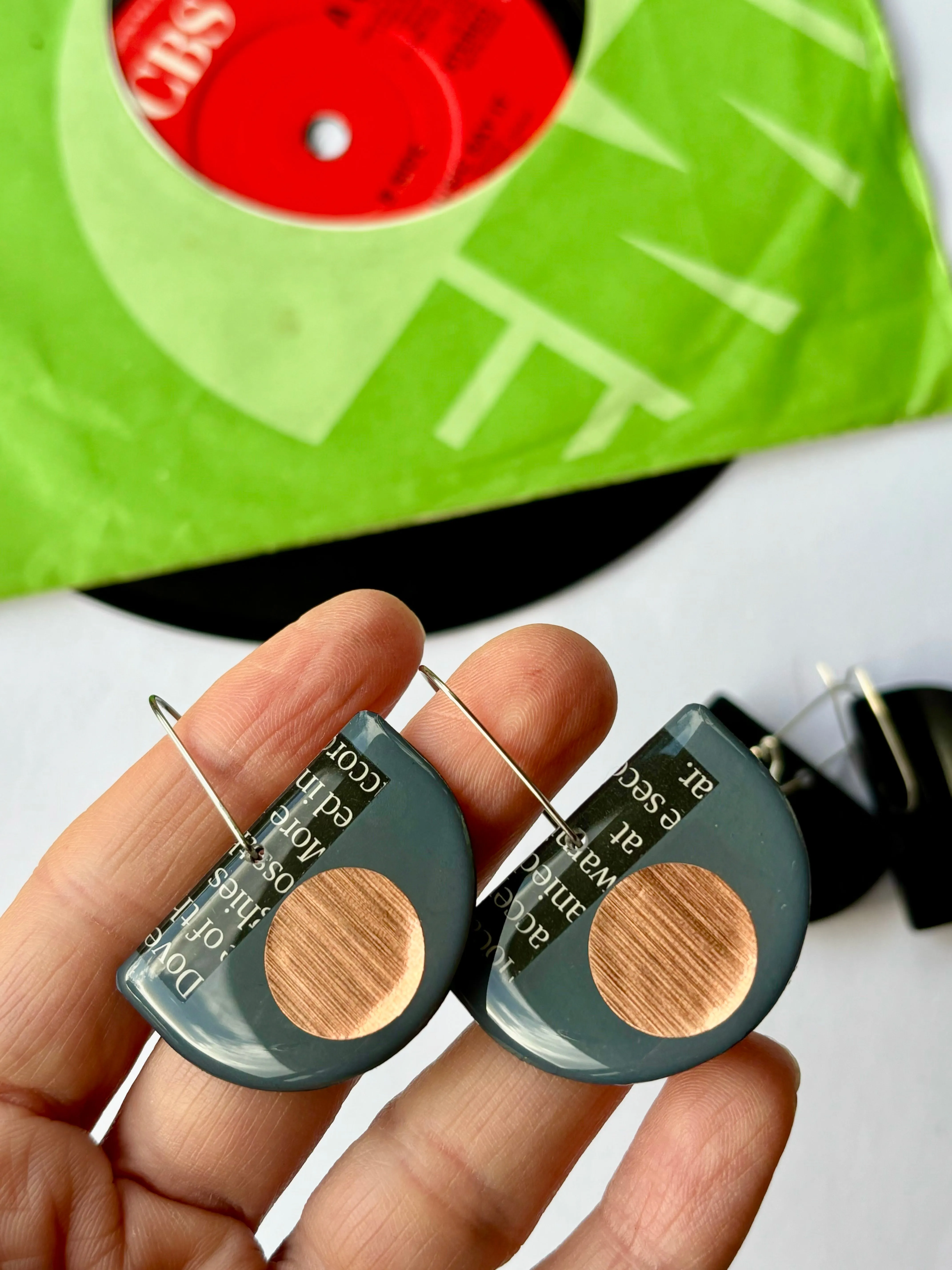40% OFF /read description/ repurposed vinyl earrings in deep blue grey and copper with a hint of magazine paper