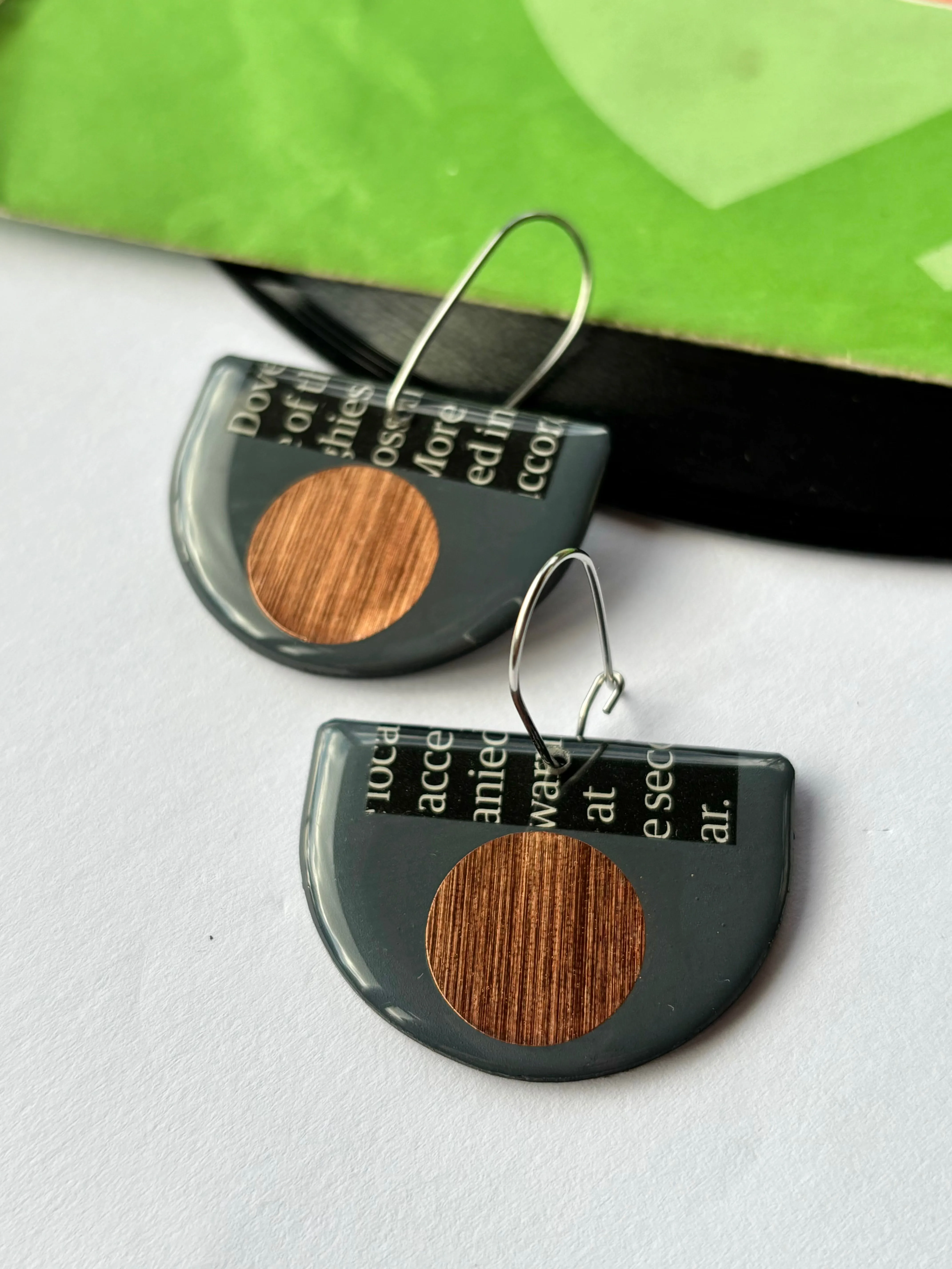 40% OFF /read description/ repurposed vinyl earrings in deep blue grey and copper with a hint of magazine paper