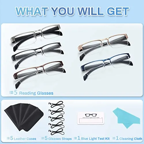 BLS BLUES 5 PACK Mens Eyeglass Cases and Blue light Reading Glasses, Metal Frame Sun Readers with Computer Eyeglasses Lens (4.0X)
