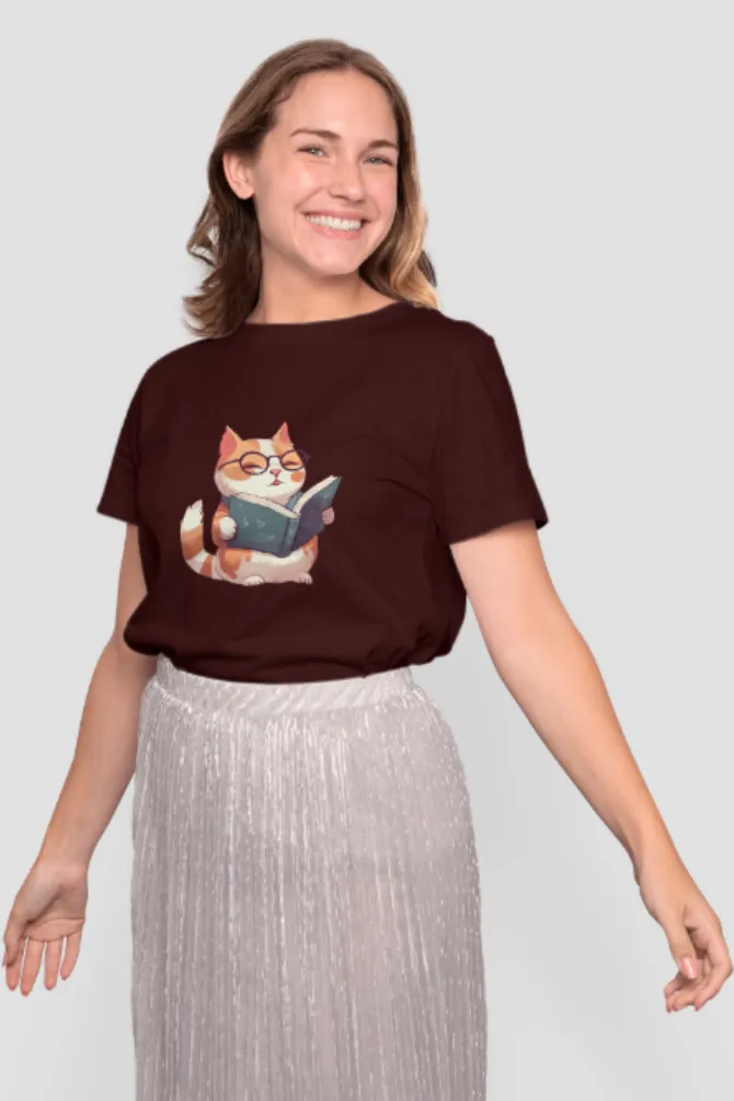 Cat Reading Books Printed T-shirt for women