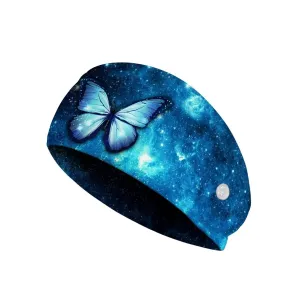 Gomyblomy Blue Butterfly Nurse Headbands with Buttons for Mask Face Covering Holder, Elastic Soft Hair Bands Non Slip Hair Wraps for Daily Workout Yoga Running Sports