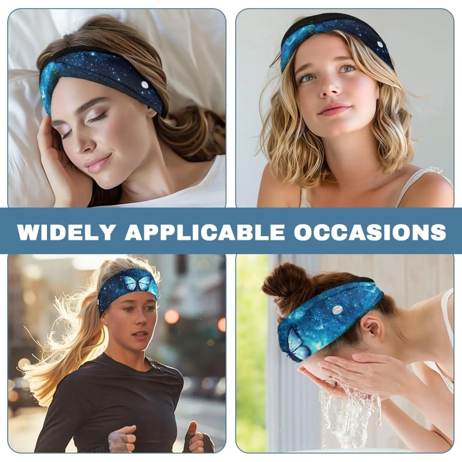 Gomyblomy Blue Butterfly Nurse Headbands with Buttons for Mask Face Covering Holder, Elastic Soft Hair Bands Non Slip Hair Wraps for Daily Workout Yoga Running Sports