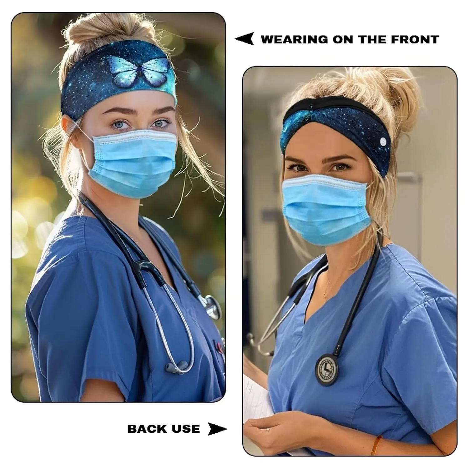 Gomyblomy Blue Butterfly Nurse Headbands with Buttons for Mask Face Covering Holder, Elastic Soft Hair Bands Non Slip Hair Wraps for Daily Workout Yoga Running Sports