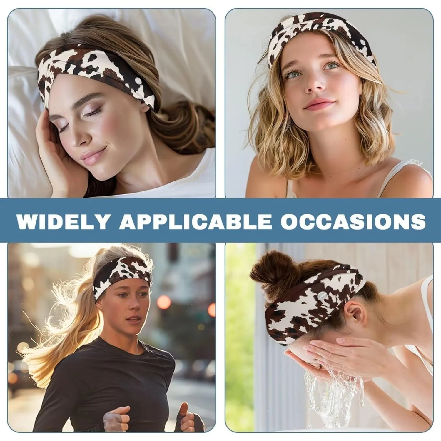 Gomyblomy Brown Cow Print Wide Headband for Women Non Slip Head Bands with Buttons Soft Turban Head Wraps Hair Accessories High Elastic Nurse Headbands Ear Protection
