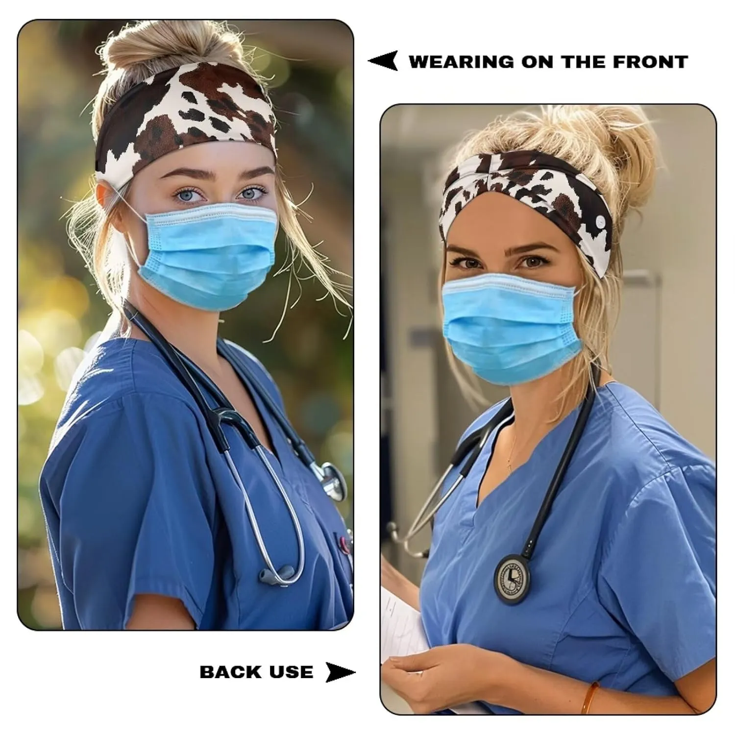 Gomyblomy Brown Cow Print Wide Headband for Women Non Slip Head Bands with Buttons Soft Turban Head Wraps Hair Accessories High Elastic Nurse Headbands Ear Protection
