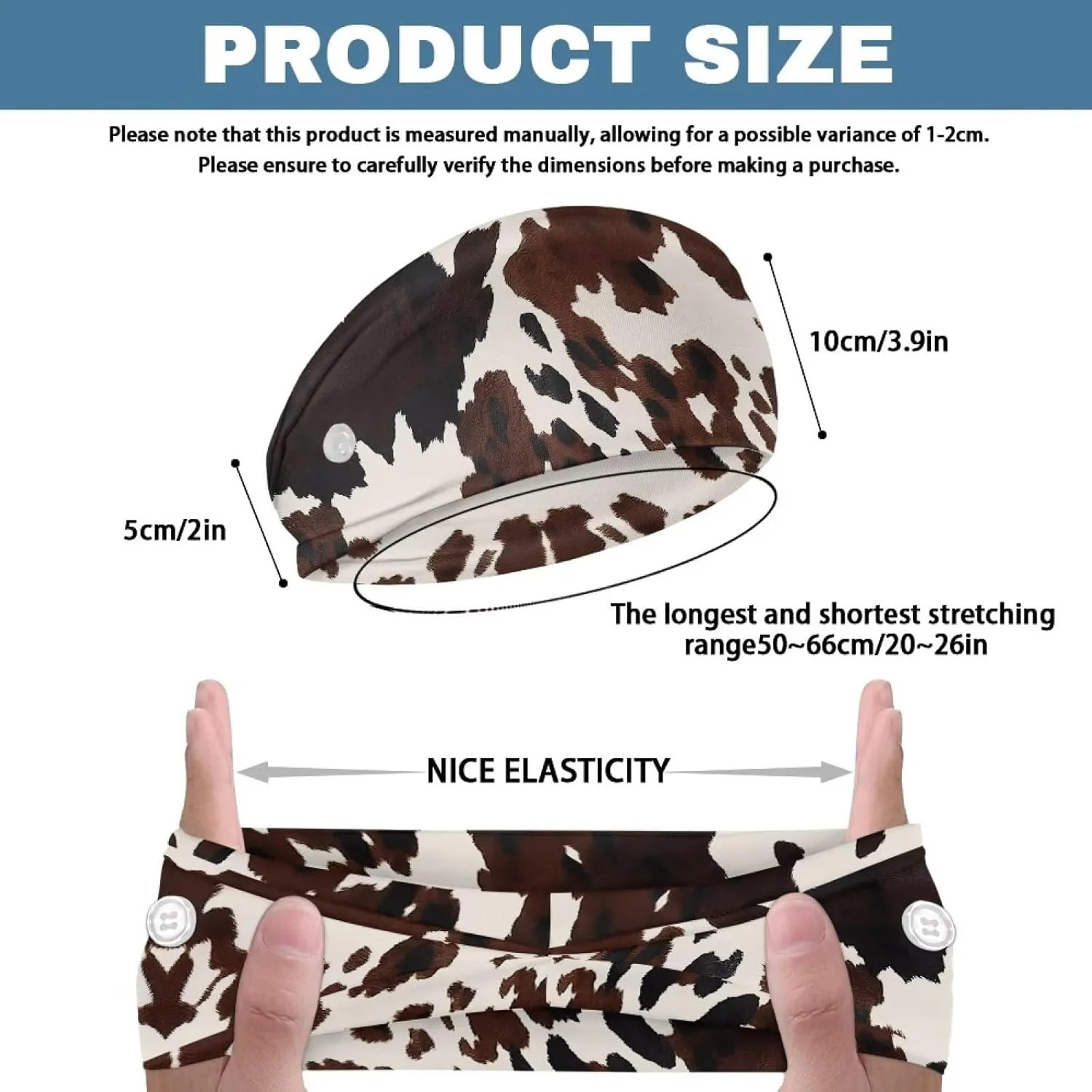 Gomyblomy Brown Cow Print Wide Headband for Women Non Slip Head Bands with Buttons Soft Turban Head Wraps Hair Accessories High Elastic Nurse Headbands Ear Protection