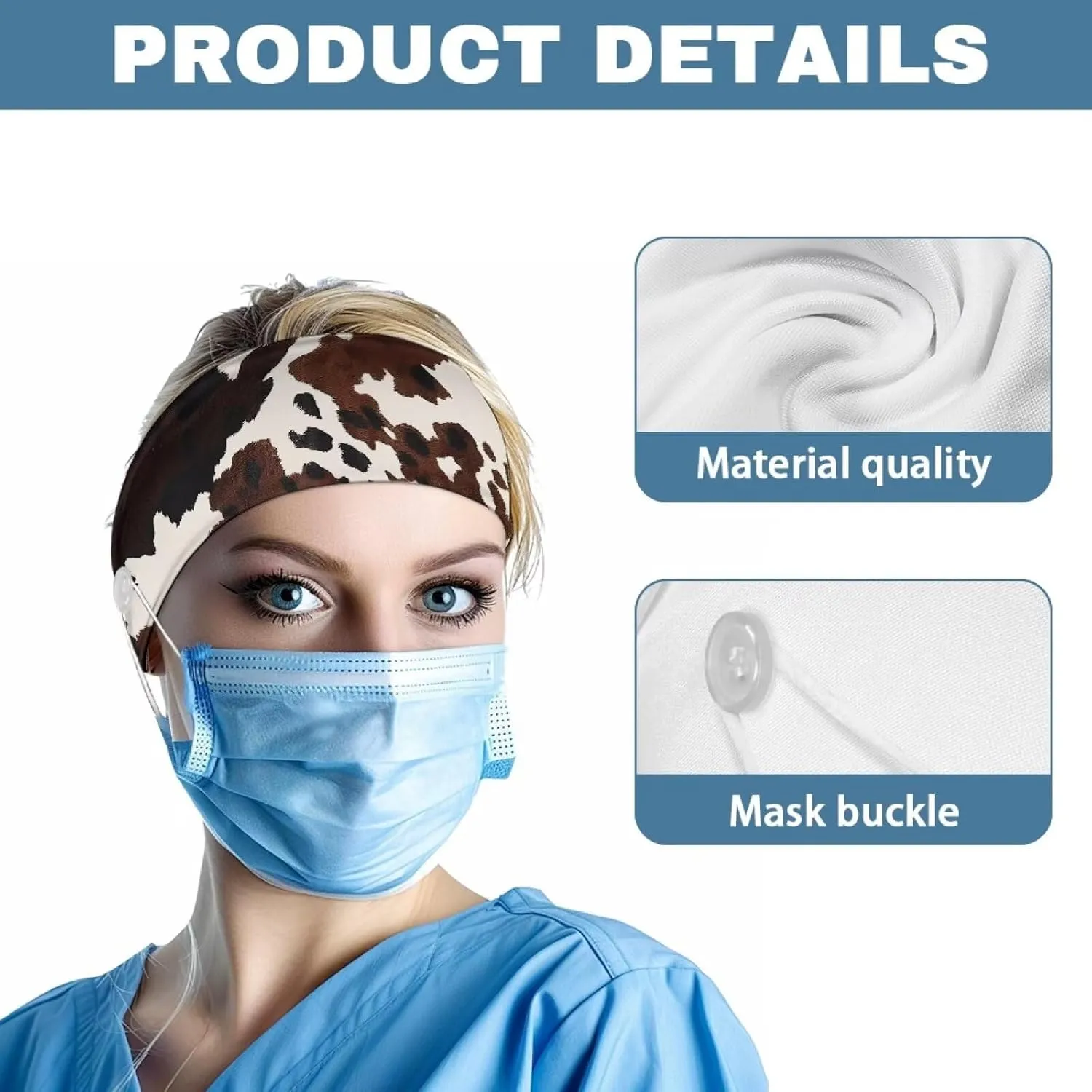 Gomyblomy Brown Cow Print Wide Headband for Women Non Slip Head Bands with Buttons Soft Turban Head Wraps Hair Accessories High Elastic Nurse Headbands Ear Protection