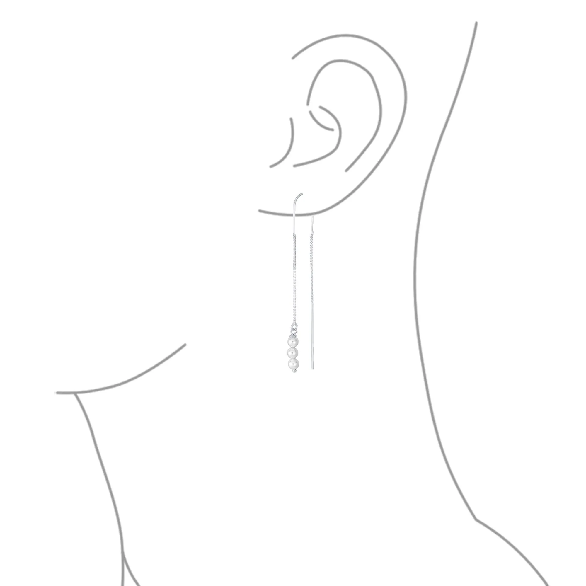 Minimalist Long Wire Hook Dangle Earrings with Three Simulated White Pearls Sterling Silver