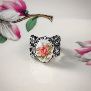 Pink Rose Cameo Ring on Vintage Style Filigree Adjustable Ring in Silver or Brass Choose from Pink, Blue, or Yellow