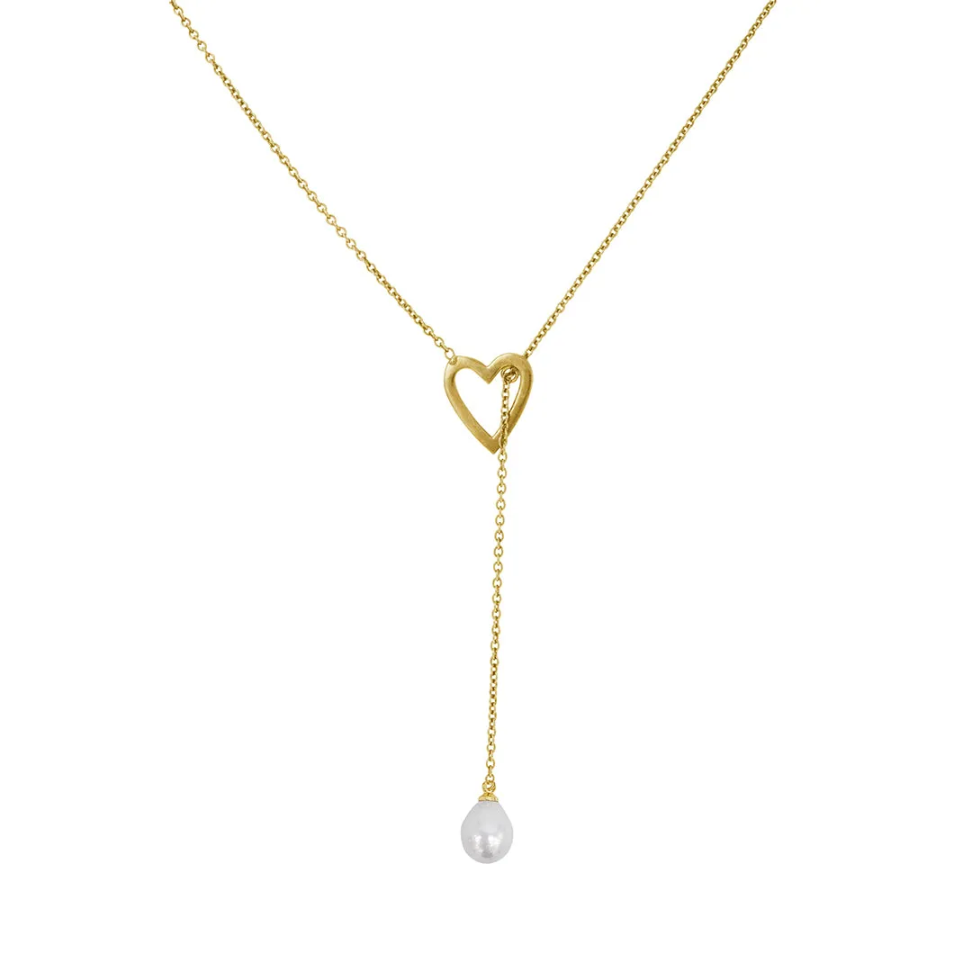 Tarnish Resistant 14k Gold Plated Heart and Freshwater Pearl Lariat Slide Thru Necklace
